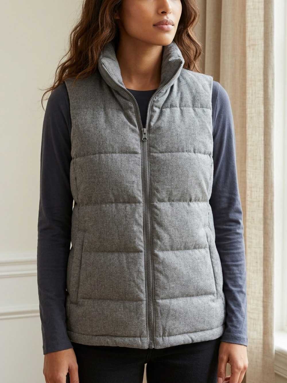Ladies XLG-Gray Quilted Puffer Vest - Fleece Lined-Sleeveless Zip Front